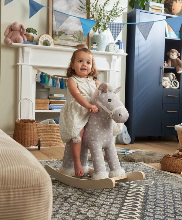 Mamas & Papas Rocking Horse - Star Grey White Baby on rocking Horse Showcase